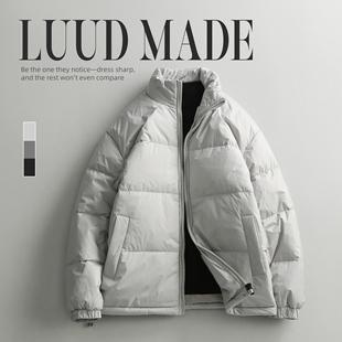 LUUD 冬新款无帽立领灰色羽绒服男士潮流休闲保暖冬装御寒外套