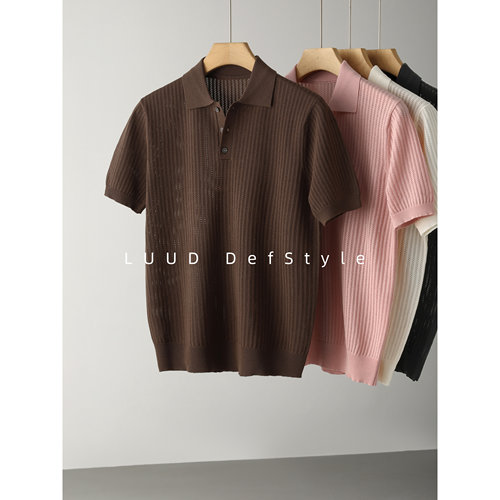 LUUD 通勤翻领镂空坑条提花针织衫透气短袖夏季POLO衫老钱风上衣