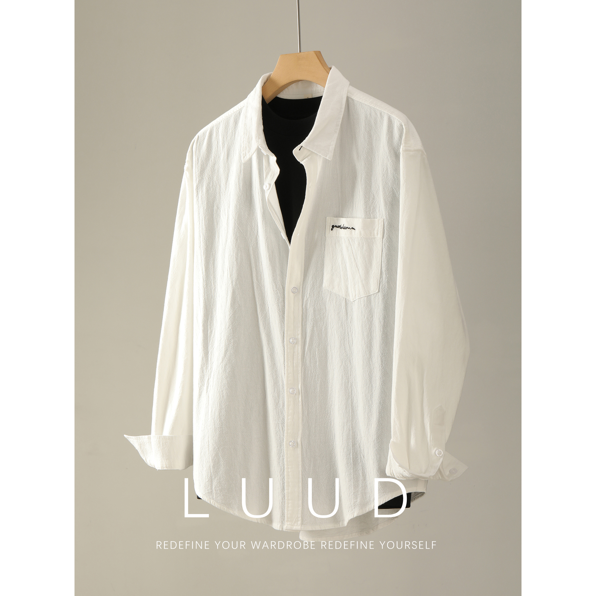 LUUD 秋季男士儒雅文艺口袋刺绣100%纯棉长袖衬衫菱形肌理感衬衣