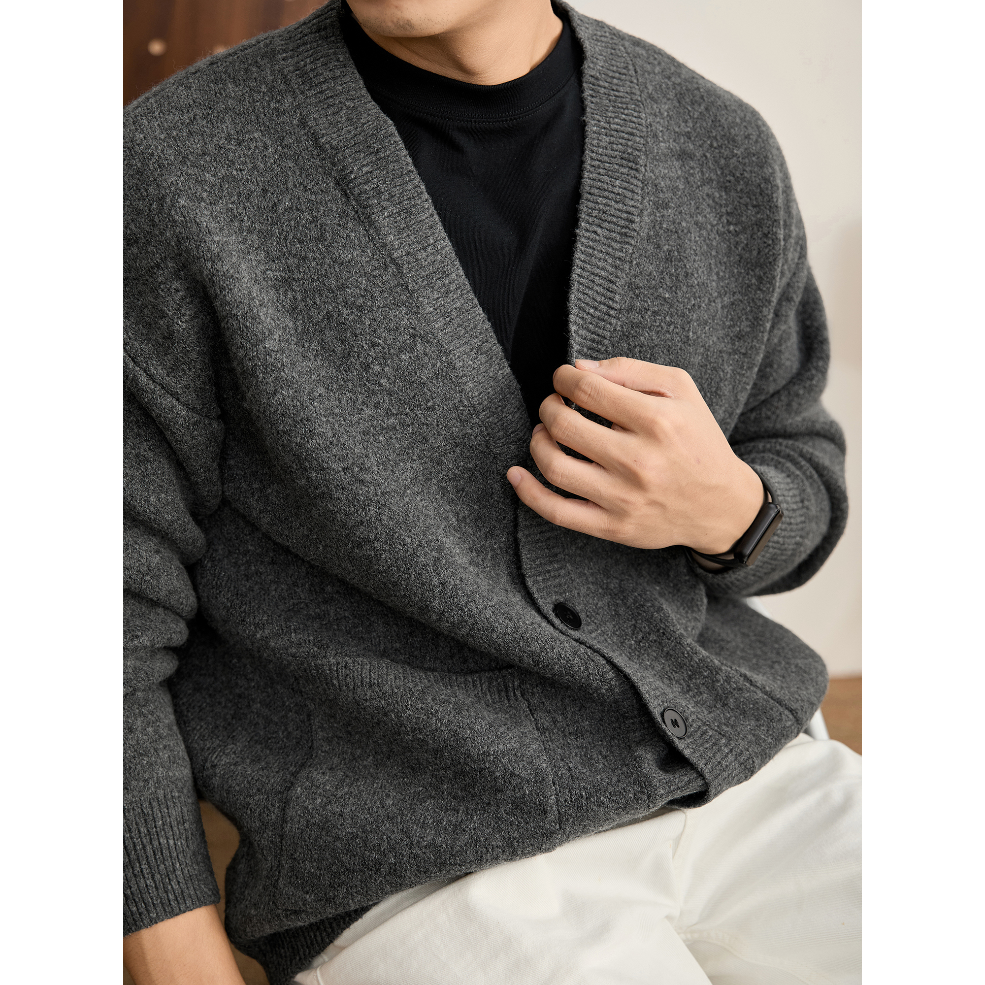 LUUD 雅奢绅士半开襟男士针织开衫冬季高克重750g绵羊毛混纺毛衣