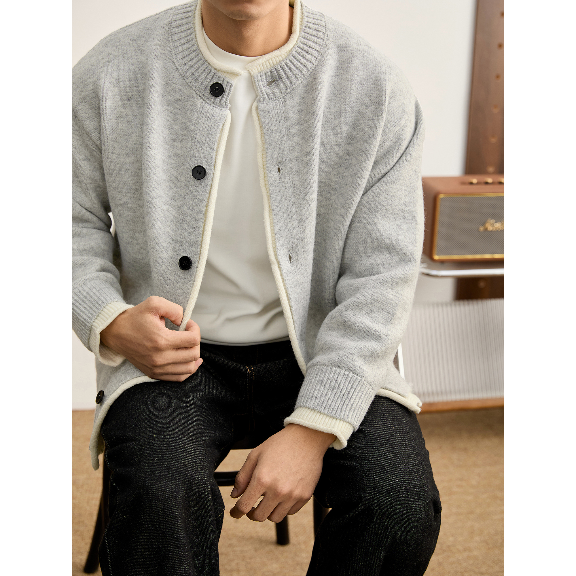 LUUD 重磅加厚慵懒风绒感针织开衫男冬假两件拼接绵羊毛混纺毛衣