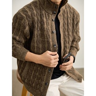 麻花肌理高领针织开衫 LUUD 北极绒仿貂毛重磅1200g毛衣外套男冬季