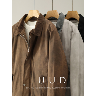 LUUD 水洗做旧渐变色双门襟夹克外套内里加绒灯芯绒翻领棉服男士
