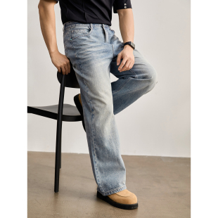 男冰川蓝直筒长裤 LUUD 定制绿松石定制扣设计水洗渐变猫须牛仔裤