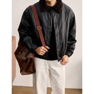 LUUD 皮毛一体内里加绒PU皮机车夹克男冬保暖加厚羊羔绒皮衣外套