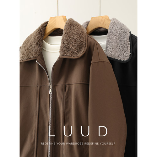 LUUD 85白鸭绒拼接羊羔毛领羽绒服男士解构分割口袋保暖工装外套