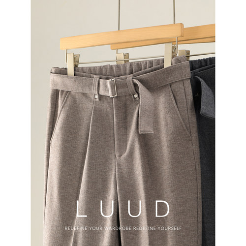 LUUD 复古老钱腰带款立体裁剪毛呢长裤男冬保暖内里磨毛直筒西裤