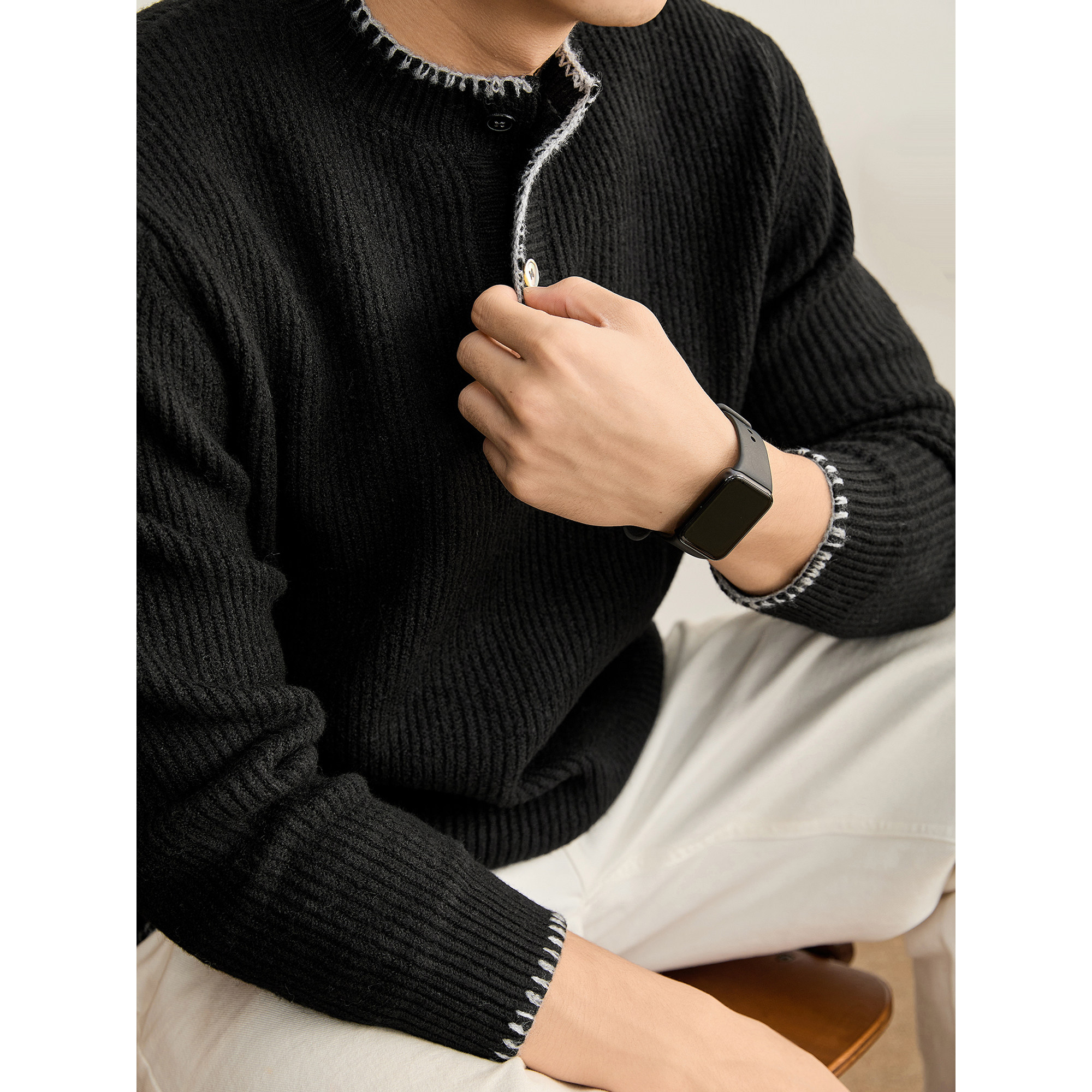 LUUD 异色车线收口羊毛混纺亨利领针织衫男秋冬季竖条纹理感毛衣,男装,针织衫/毛衣,淘宝优惠券,粉丝福利购,淘宝优惠卷