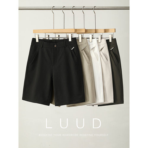 LUUD 时尚侧边口袋金属标装饰短裤男夏季半松紧腰直筒西装五分裤