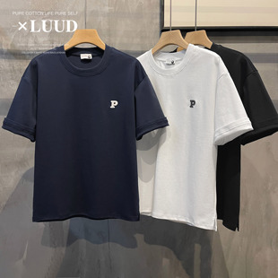 上衣 衫 LUUD 280G休闲简约字母P小刺绣T恤男百搭宽松圆领落肩短袖