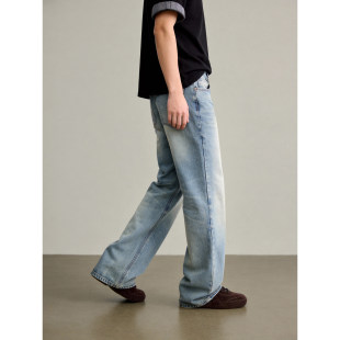 男直筒宽松休闲长裤 cleanfit水洗猫须复古蓝微喇牛仔裤 美式 LUUD