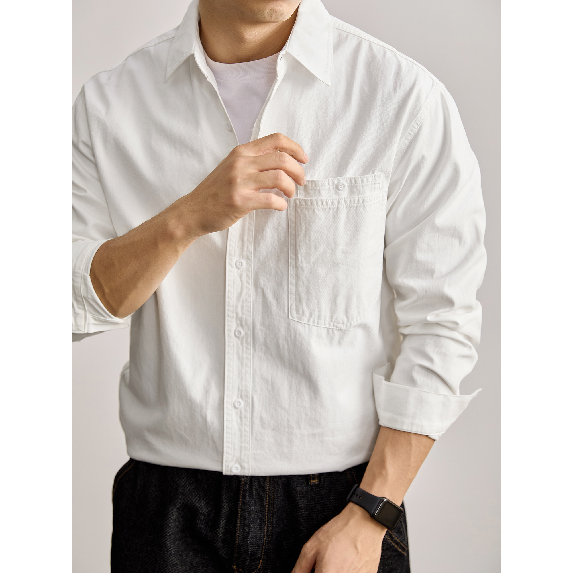 LUUD 白色100纯棉翻领衬衫外套男士双层口袋设计简约轻奢长袖衬衣