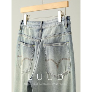 男款 撞色弧形贴袋设计做旧直筒长裤 渐变猫须纹理洗水牛仔裤 LUUD