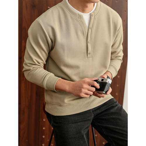 LUUD 叠穿假两件雅绅法式双层领口纽扣装饰长袖卫衣男套头上衣T恤