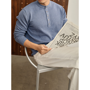 LUUD 松弛感花星蓝半开襟长袖T恤衫男士老钱格调亨利领休闲针织衫