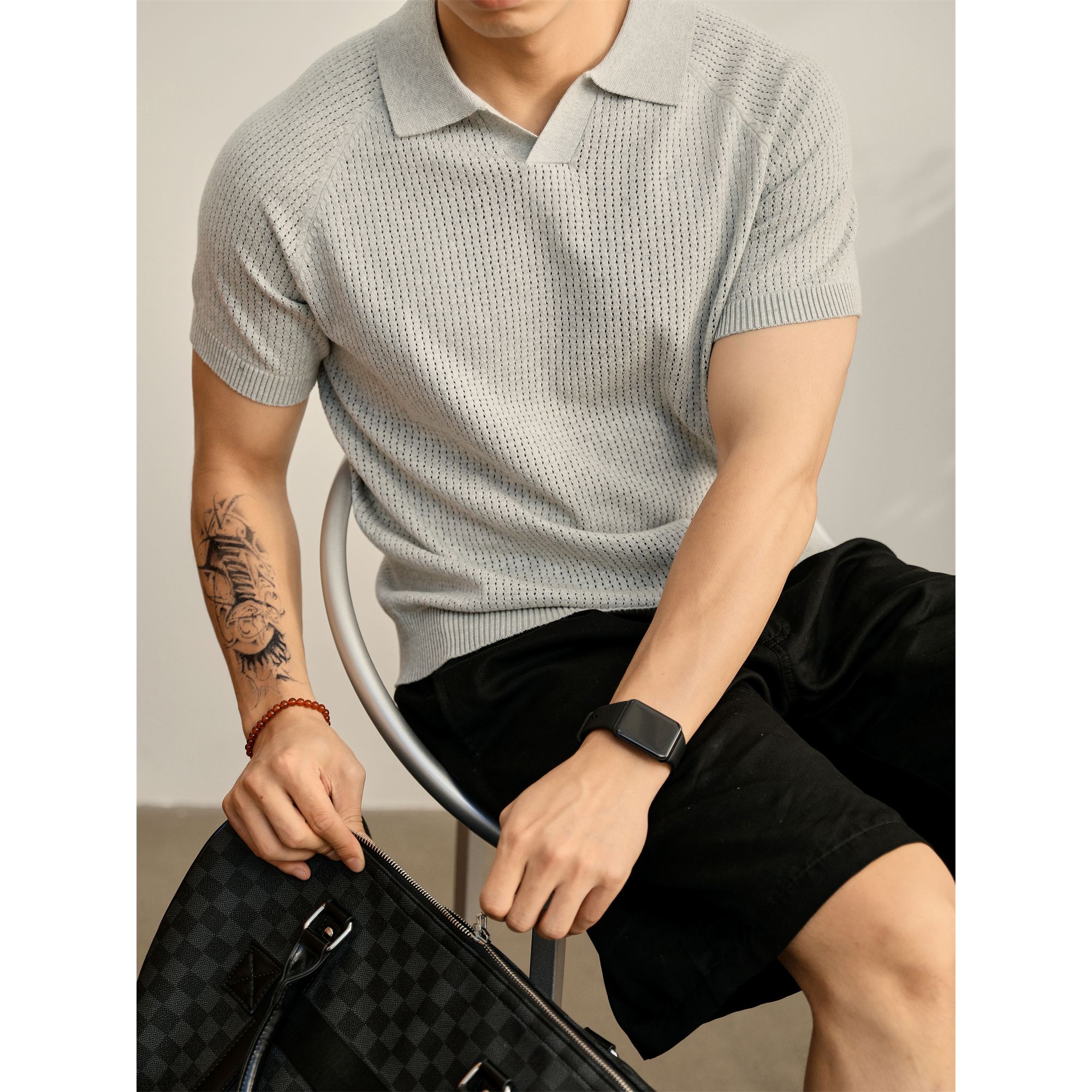 LUUD 老钱风海鸥领短袖T恤透气镂空网眼提花纯色针织POLO衫男夏季