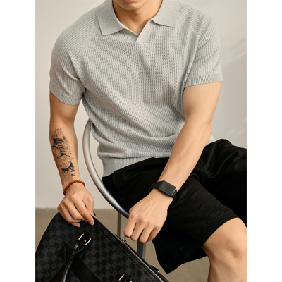 LUUD 老钱风海鸥领短袖T恤透气镂空网眼提花纯色针织POLO衫男夏季