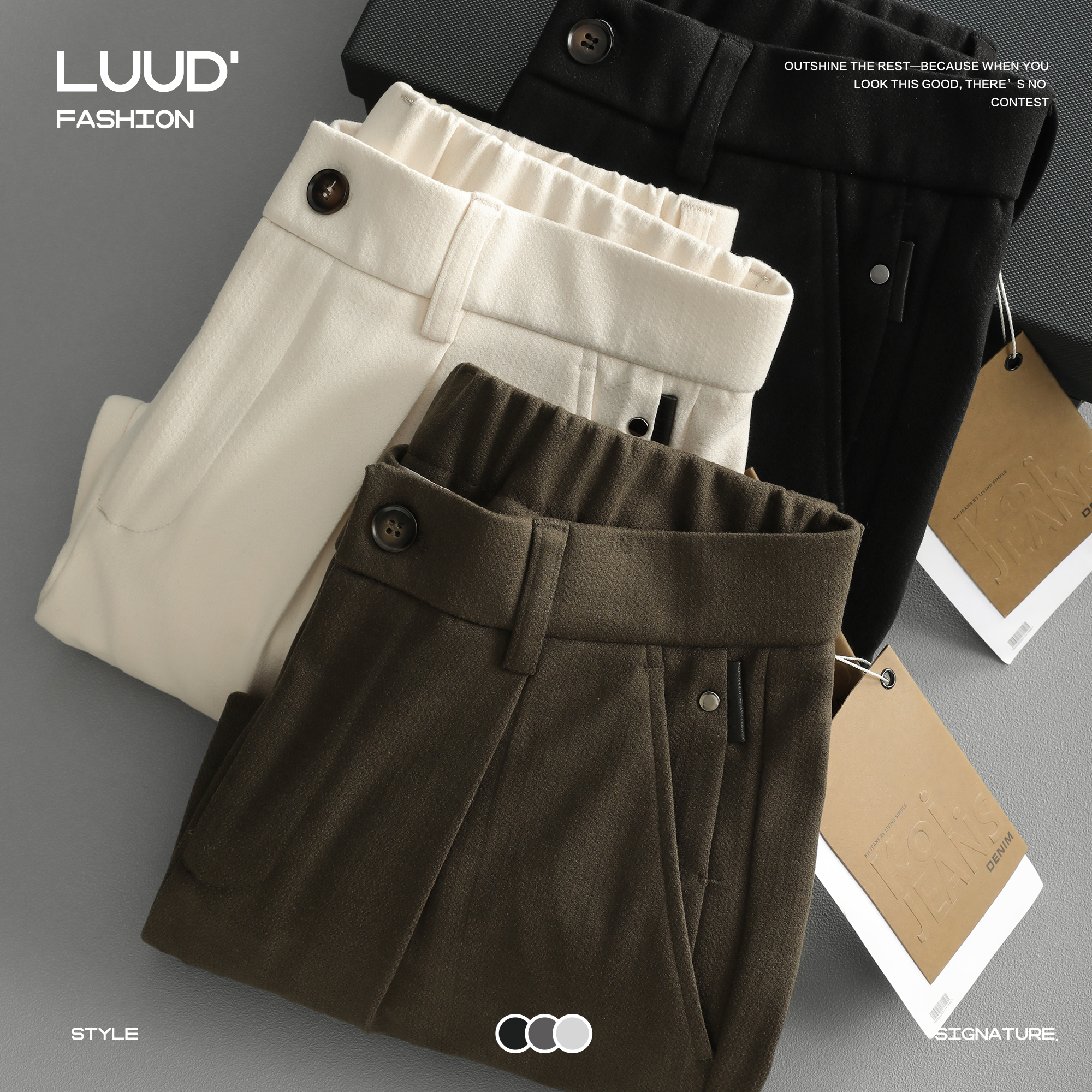 LUUD 半松紧腰毛呢西裤男士内里亲肤磨毛立体长裤小直筒休闲裤子