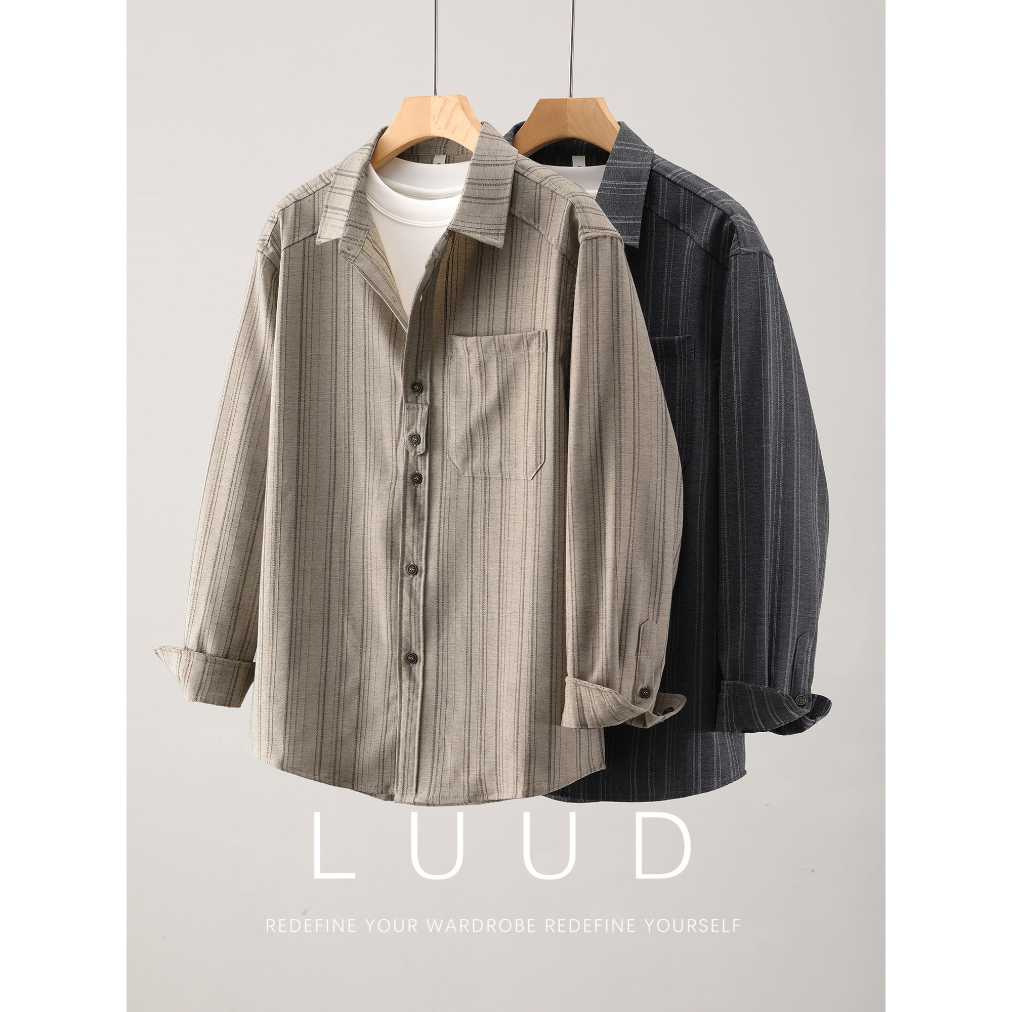 LUUD 男春季细条纬编工艺翻领长袖衬衫拼接纽扣条纹提花衬衣外套