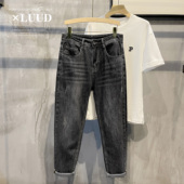 时尚 猫刮复古小直筒长裤 韩版 LUUD 怀旧休闲牛仔裤 新款 修身 男 夏季
