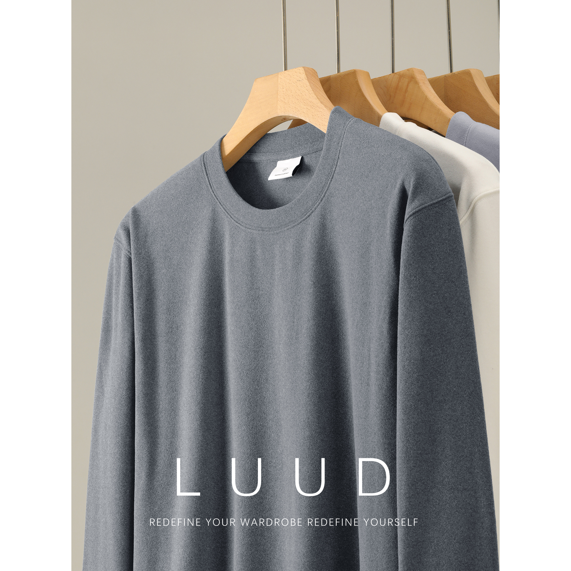 LUUD 秋冬季双面保暖磨毛德绒打底衫亚麻灰百搭修身圆领长袖T恤男