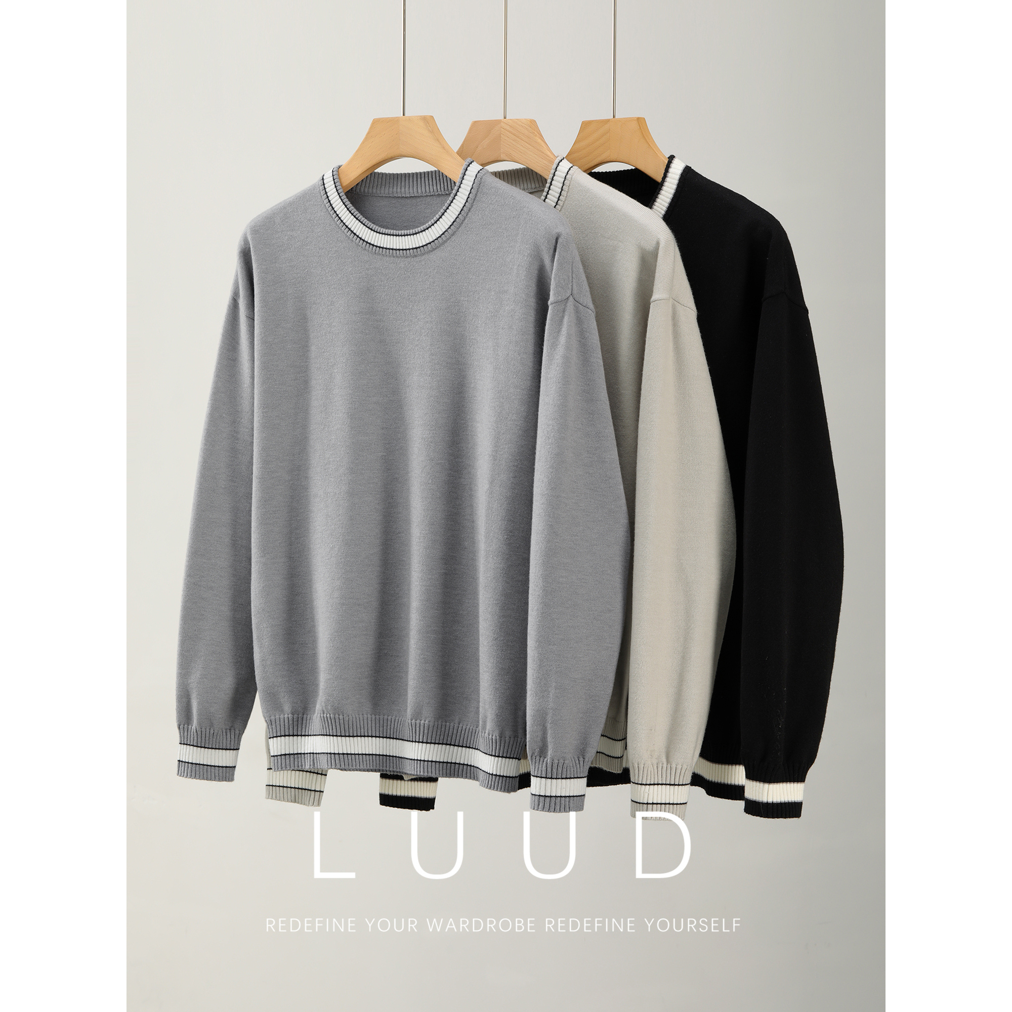 LUUD 撞色莫代尔羊毛提花针织衫男套头软糯上衣亲肤内搭打底毛衣