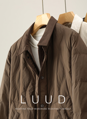 LUUD 轻薄90鸭绒菱形拼接灯芯绒翻领羽绒服男冬保暖防风纯色外套