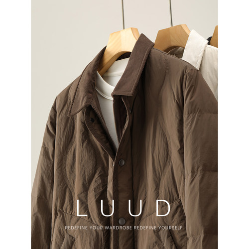 LUUD 轻薄90鸭绒菱形拼接灯芯绒翻领羽绒服男冬保暖防风纯色外套