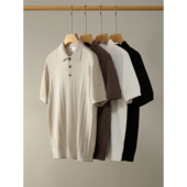 T恤男羊毛混纺POLO衫 LUUD 复古老钱风竖纹坑条提花感翻领针织短袖