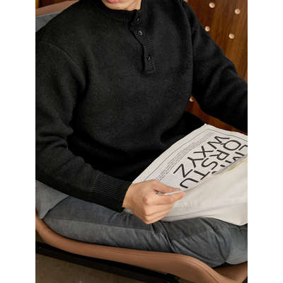 LUUD 绵羊毛混纺保暖亨利领针织衫男冬季加厚高克重630gMr感毛衣
