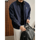 LUUD 撞色皮革拼接翻领夹克男士 轻奢痞帅金属扣辑明线牛仔布外套