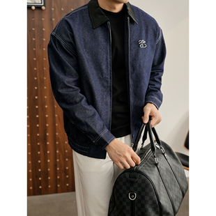 LUUD 撞色皮革拼接翻领夹克男士轻奢痞帅金属扣辑明线牛仔布外套