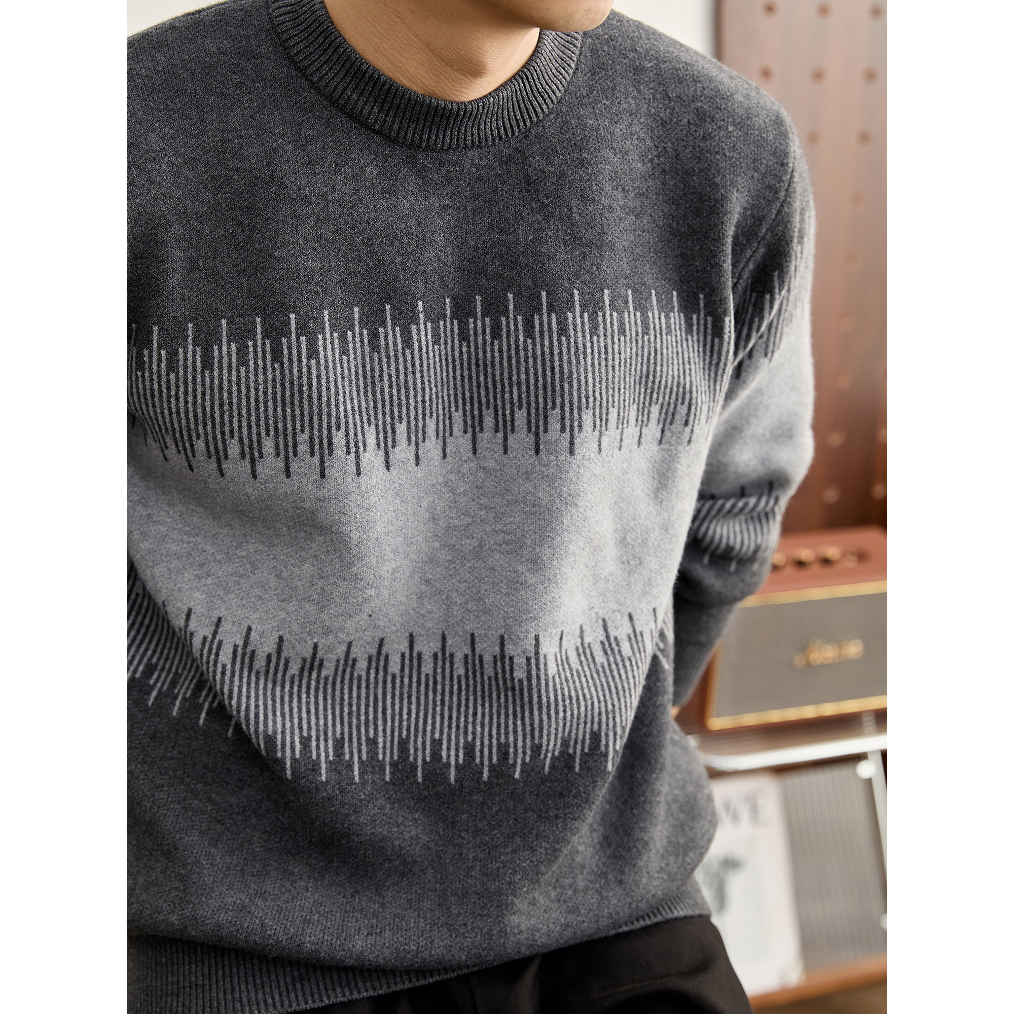 LUUD 时尚潮牌混线拼色休闲毛衣重磅750g声波状纹理圆领针织上衣,男装,针织衫/毛衣,淘宝优惠券,粉丝福利购,淘宝优惠卷