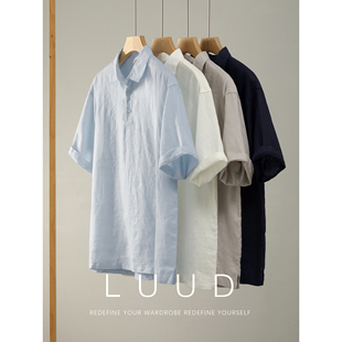 LUUD 100%纯亚麻慵懒老钱休闲翻领短袖T恤轻盈松弛感海鸥领POLO衫