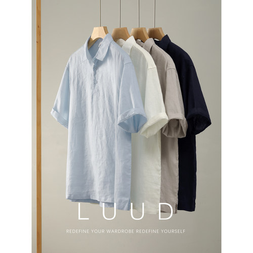 LUUD 100%纯亚麻慵懒老钱休闲翻领短袖T恤轻盈松弛感海鸥领POLO衫
