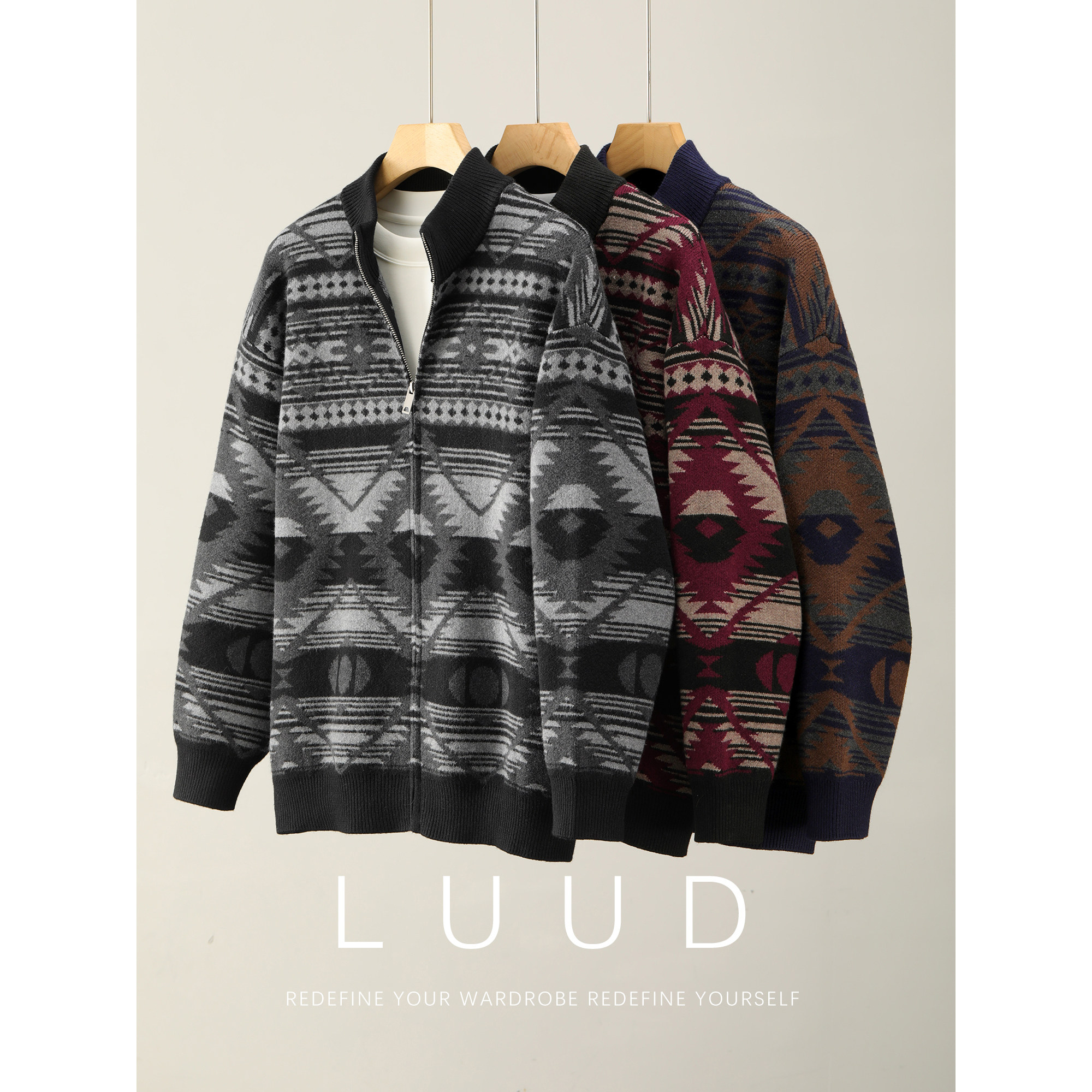 LUUD 复古满印提花重磅850g针织开衫费尔岛图腾立领毛衣外套男士,男装,针织衫/毛衣,淘宝优惠券,粉丝福利购,淘宝优惠卷