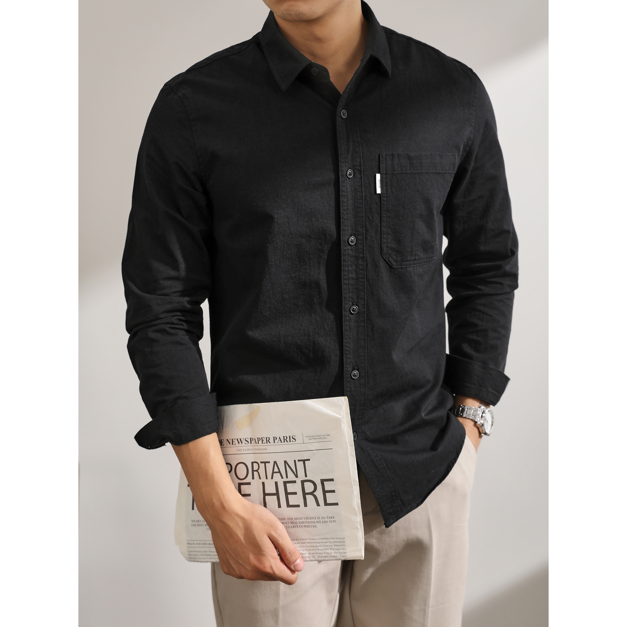 LUUD 简约时尚风黑色翻领衬衫男士胸口贴袋设计纯棉修身长袖衬衣