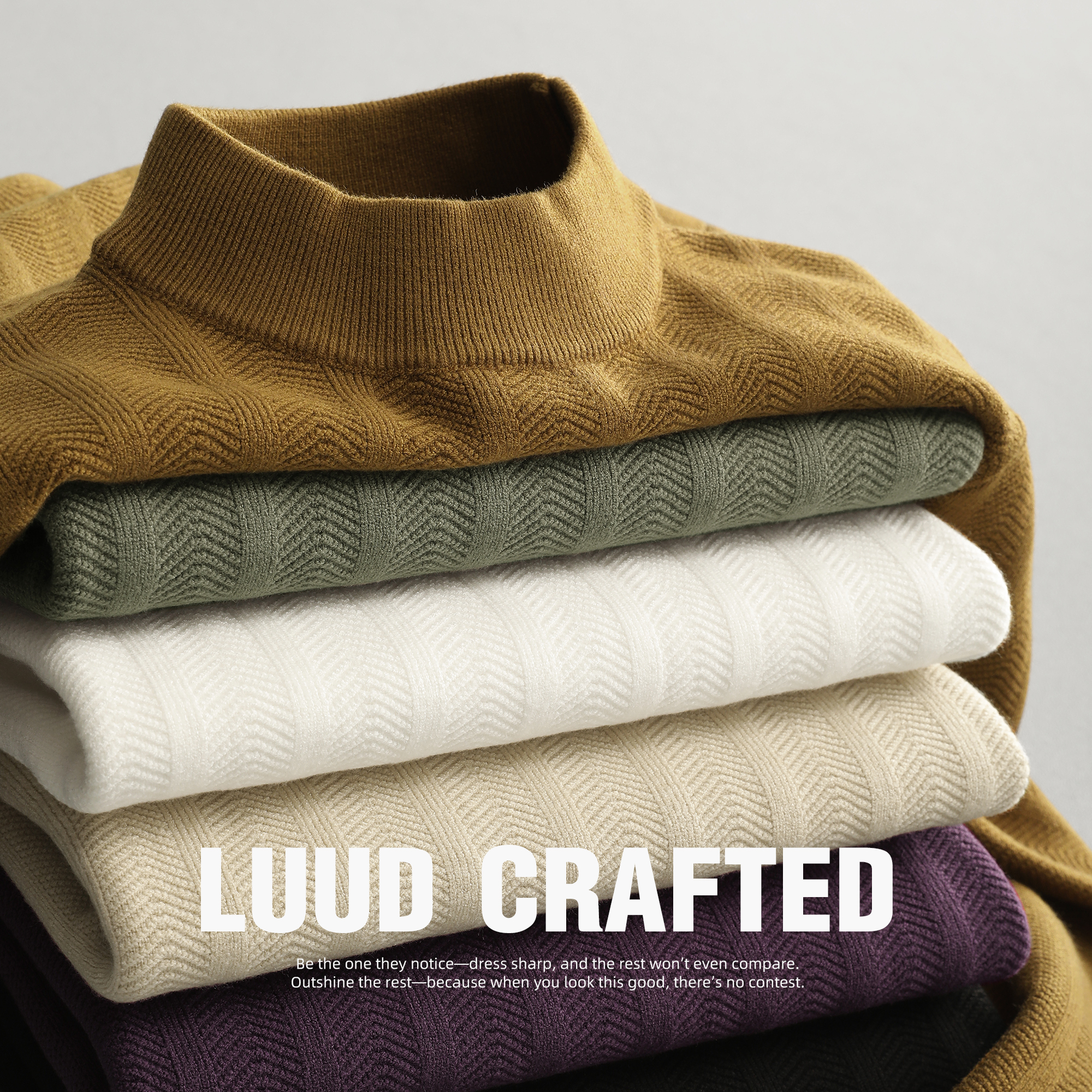 LUUD 都市感多色系半高领毛衣男士简约纹理感提花修身长袖针织衫