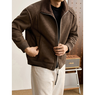 LUUD 皮毛一体切割拼接麂皮绒外套男内里羊羔绒重磅加厚夹克 美式