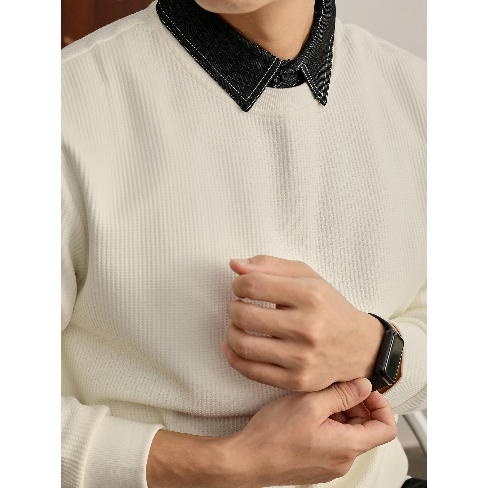 LUUD 轻熟风假两件辑明线牛仔翻领卫衣男士华夫格肌理感针织长袖