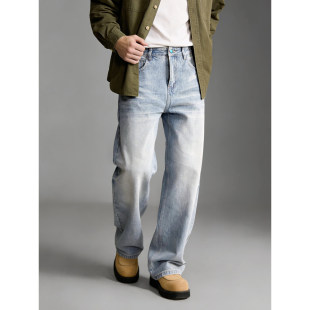 直筒阔腿猫须纹水洗漂白长裤 男士 定制绿松石韩风休闲牛仔裤 LUUD