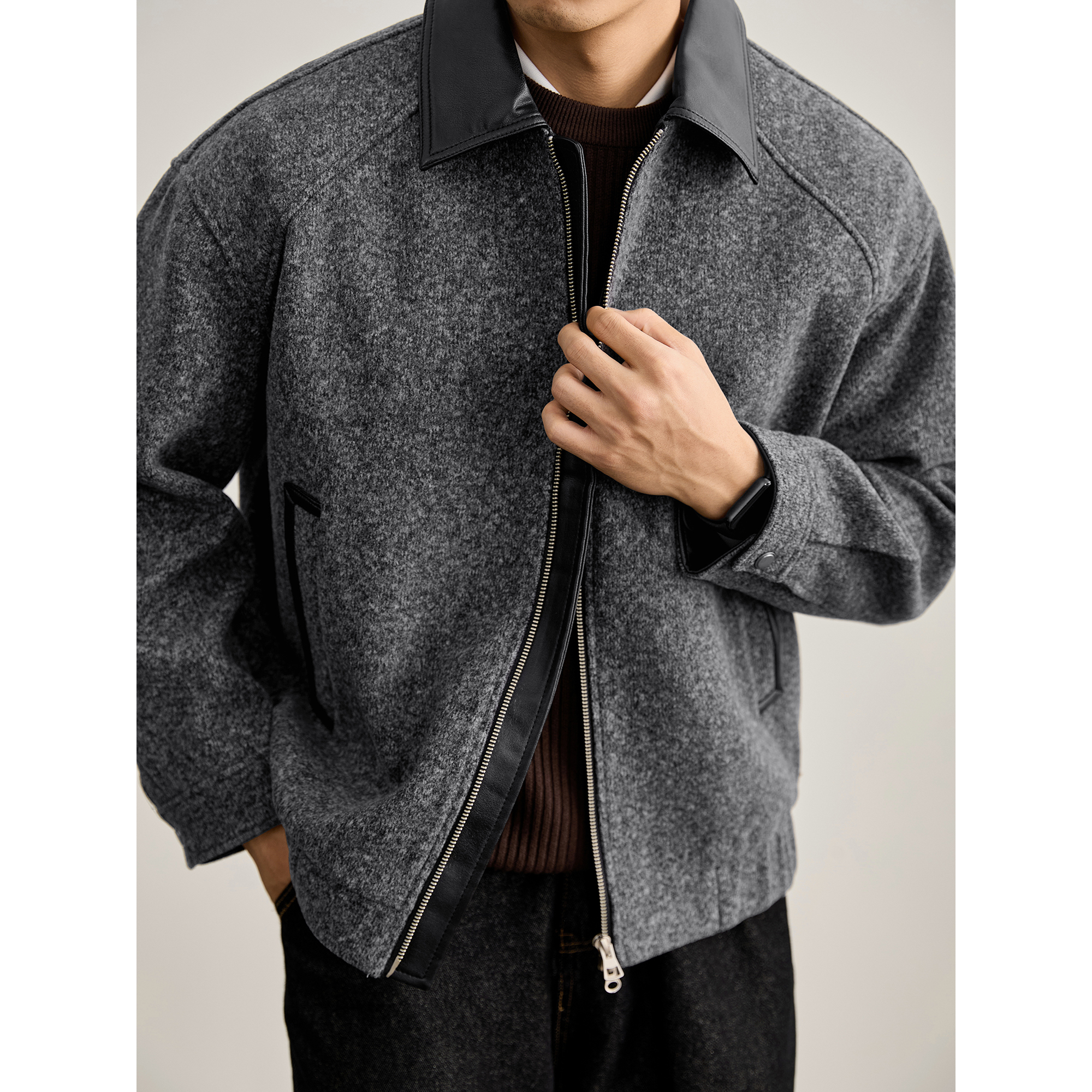 LUUD 老钱风软皮革拼接翻领外套男男士含绵羊毛粗纺混色毛呢夹克