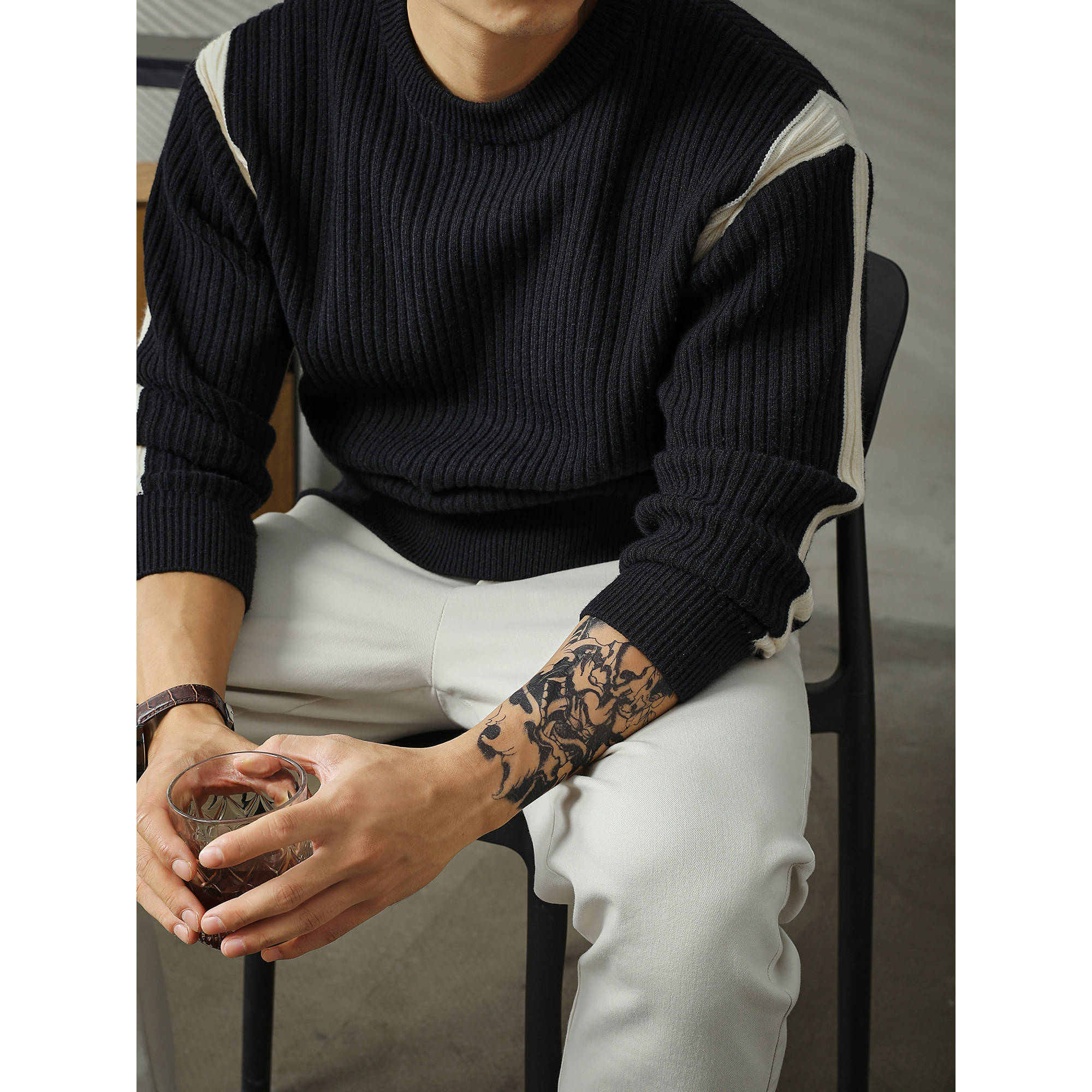 LUUD 男士黑色气质圆领针织衫上衣冬季休闲长袖竖条纹提花毛线衣,男装,针织衫/毛衣,淘宝优惠券,粉丝福利购,淘宝优惠卷