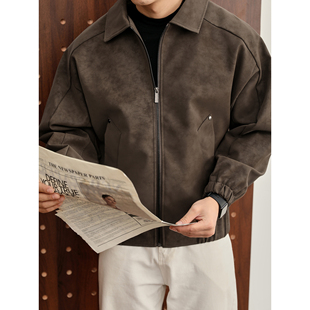 LUUD 美拉德复古咖啡色翻领皮夹克男PU皮铆钉拼接结构防风短外套