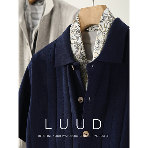 LUUD 羊毛混纺针织翻领开衫男夏季镂空竖纹提花皮质贴标短袖外套