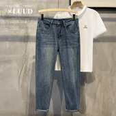 怀旧百搭复古蓝色牛仔裤 LUUD 夏季 洗水棉质小直筒休闲长裤 子 男士
