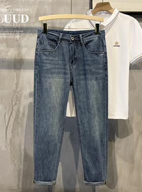 LUUD 男士洗水棉质小直筒休闲长裤夏季怀旧百搭复古蓝色牛仔裤子