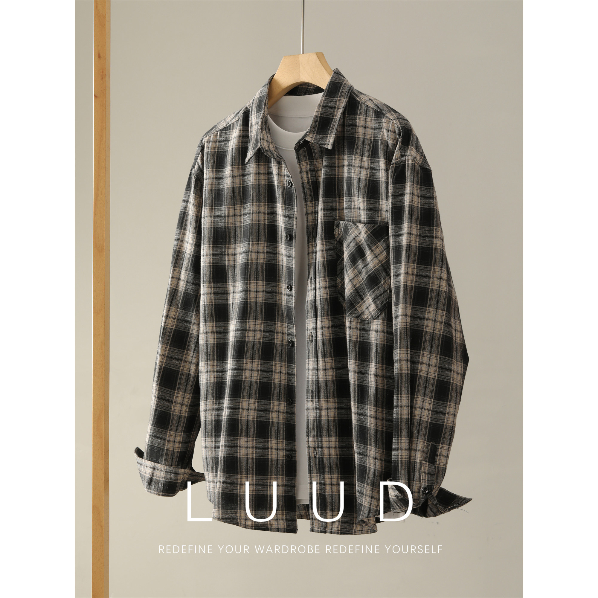 LUUD 怀旧风文艺青年衬衫格纹撞色寸衣男士100%棉弧形下摆外套