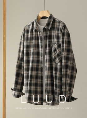 LUUD 怀旧风文艺青年衬衫格纹撞色寸衣男士100%纯棉弧形下摆外套