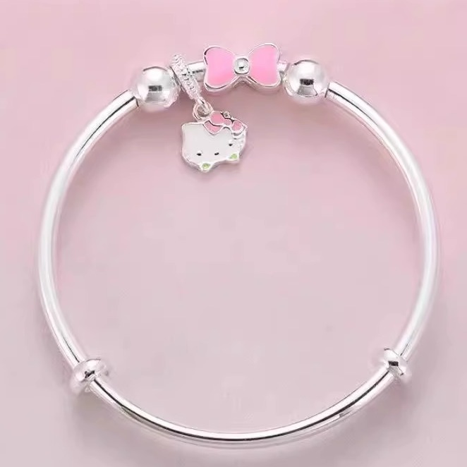 儿童银手镯纯银9999小孩银镯子学生足银kt猫手镯女童镯子生日礼物